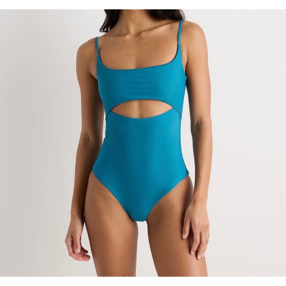 NWT Quince Womens Italian Cut Out Swimsuit Small Padded Sustainable Teal Blue‎